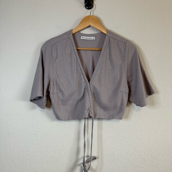 Abercrombie & Fitch Light Purple Gray Wrap Around Tie Waist Linen Blend Top Sz S - Picture 2 of 11